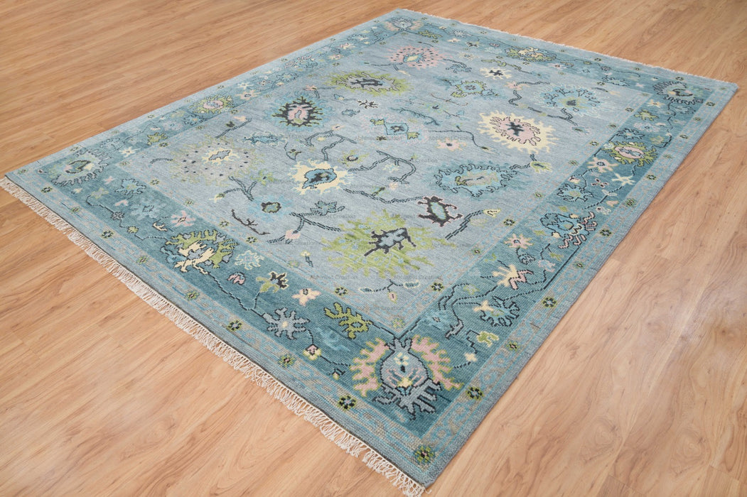 Hazine Hand-Knotted Indian Oushak Wool Rug - Aquamarine, Sage, Blossom and Basil