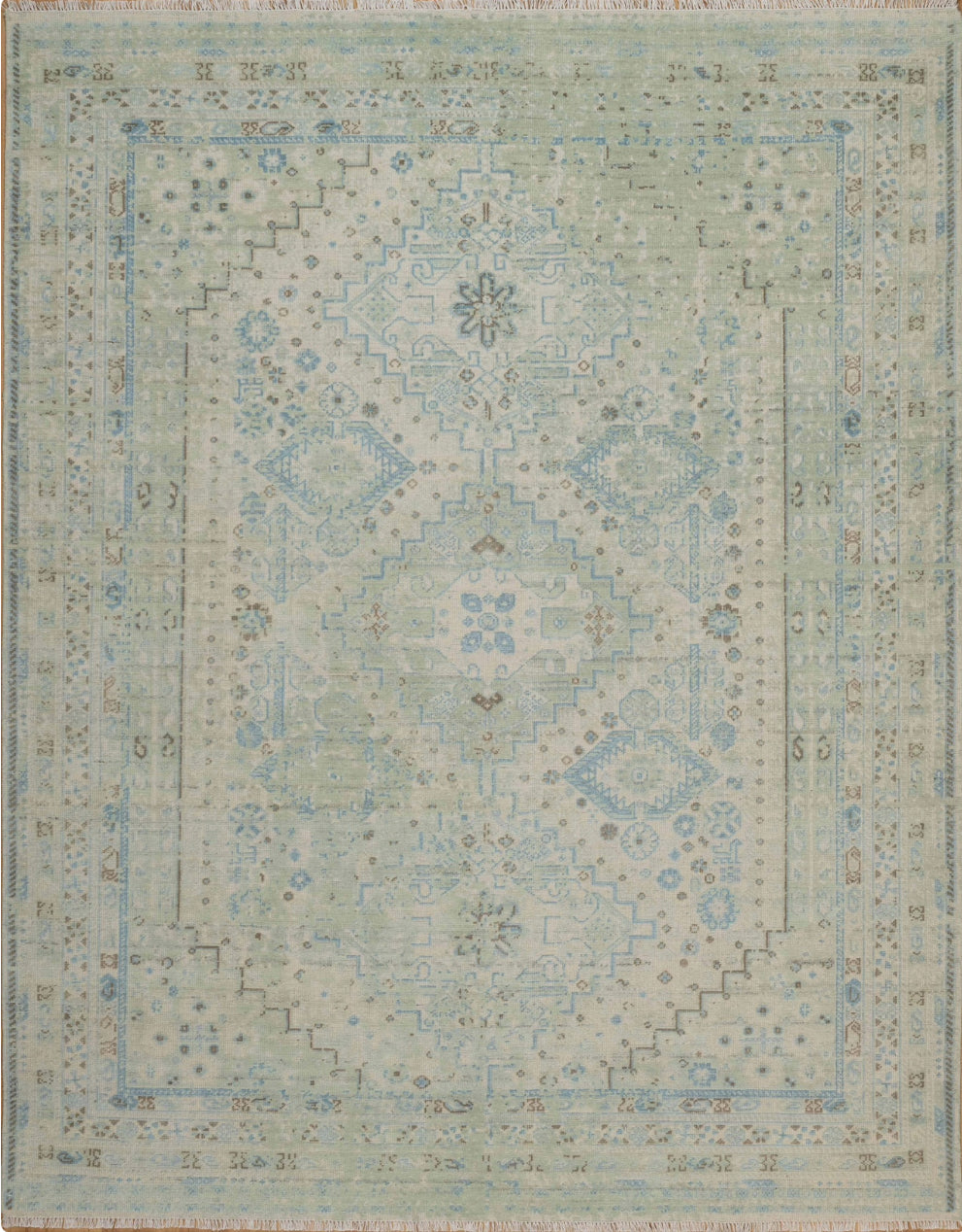 Maya Vintage Inspired Super-Fine Indian Wool Rug - Celadon, Sapphire a ...