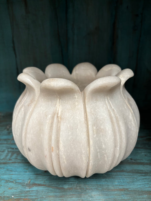 White Indian Hand-Carved Marble Frangipani Vase