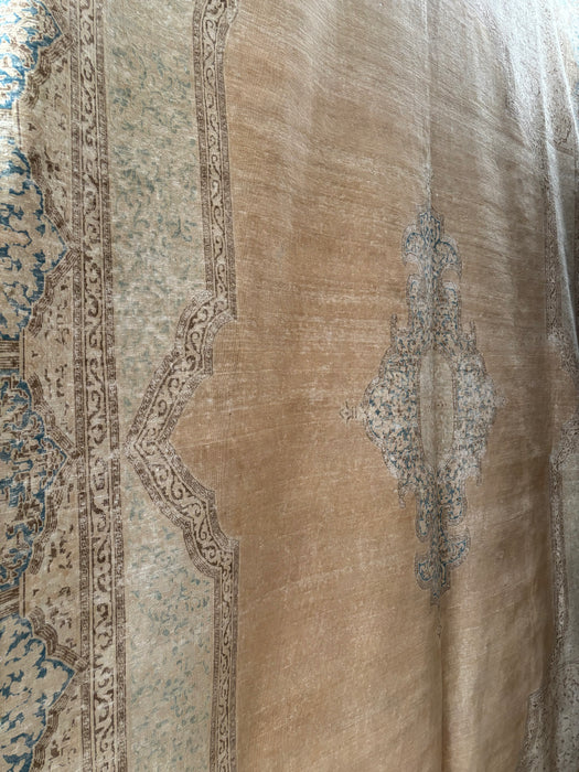Vintage Super-fine Persian Distressed Ravar-Kerman Wool Rug - Sand, Chocolate, Aqua and Turquoise - 296 x 400cm