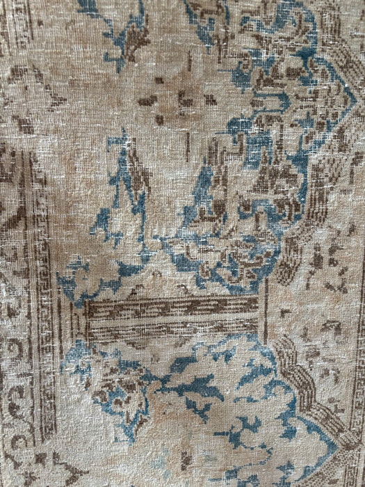 Vintage Super-fine Persian Distressed Ravar-Kerman Wool Rug - Sand, Chocolate, Aqua and Turquoise - 296 x 400cm