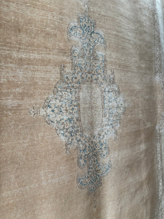 Vintage Super-fine Persian Distressed Ravar-Kerman Wool Rug - Sand, Chocolate, Aqua and Turquoise - 296 x 400cm