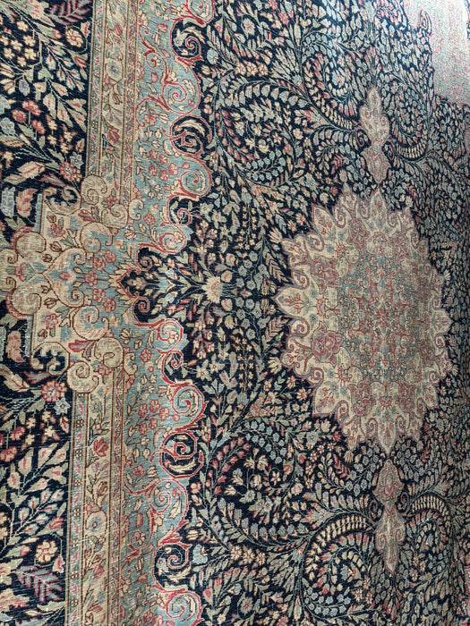Vintage Persian Kerman Wool Rug - Indigo, Cerulean Blue, Hibiscus and Celadon - 267 x 358cm