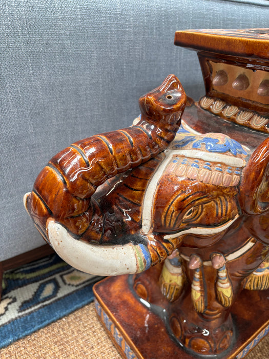 Vintage Brown and Blue Ceramic Elephant Side Table
