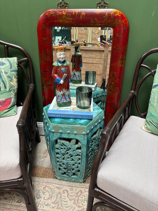 Vintage Red Chinoiserie Hand-Painted Leather Mirror
