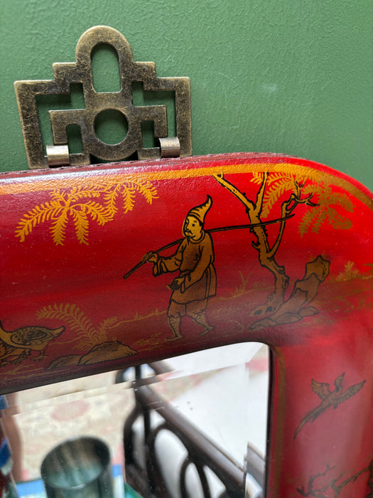 Vintage Red Chinoiserie Hand-Painted Leather Mirror