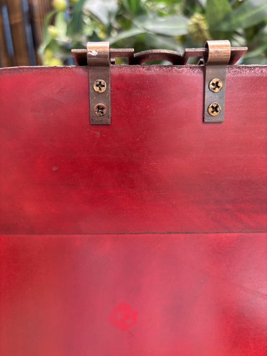 Vintage Red Chinoiserie Hand-Painted Leather Mirror