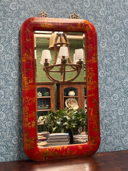 Vintage Red Chinoiserie Hand-Painted Leather Mirror