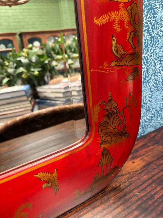 Vintage Red Chinoiserie Hand-Painted Leather Mirror