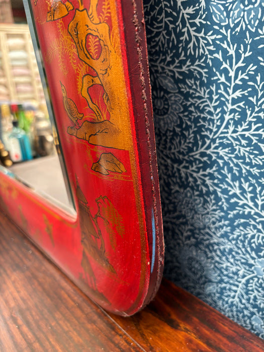 Vintage Red Chinoiserie Hand-Painted Leather Mirror