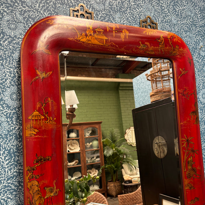 Vintage Red Chinoiserie Hand-Painted Leather Mirror