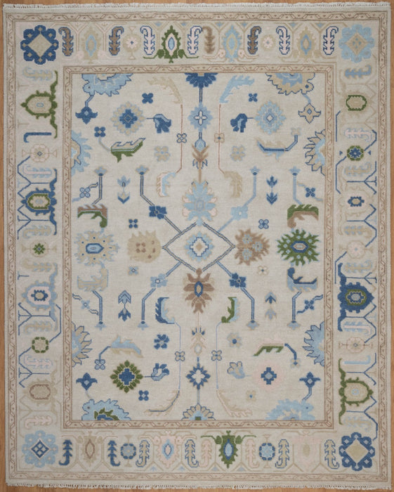 Sakin Hand-Knotted Indian Oushak Wool Rug - Ivory, Sapphire and Basil