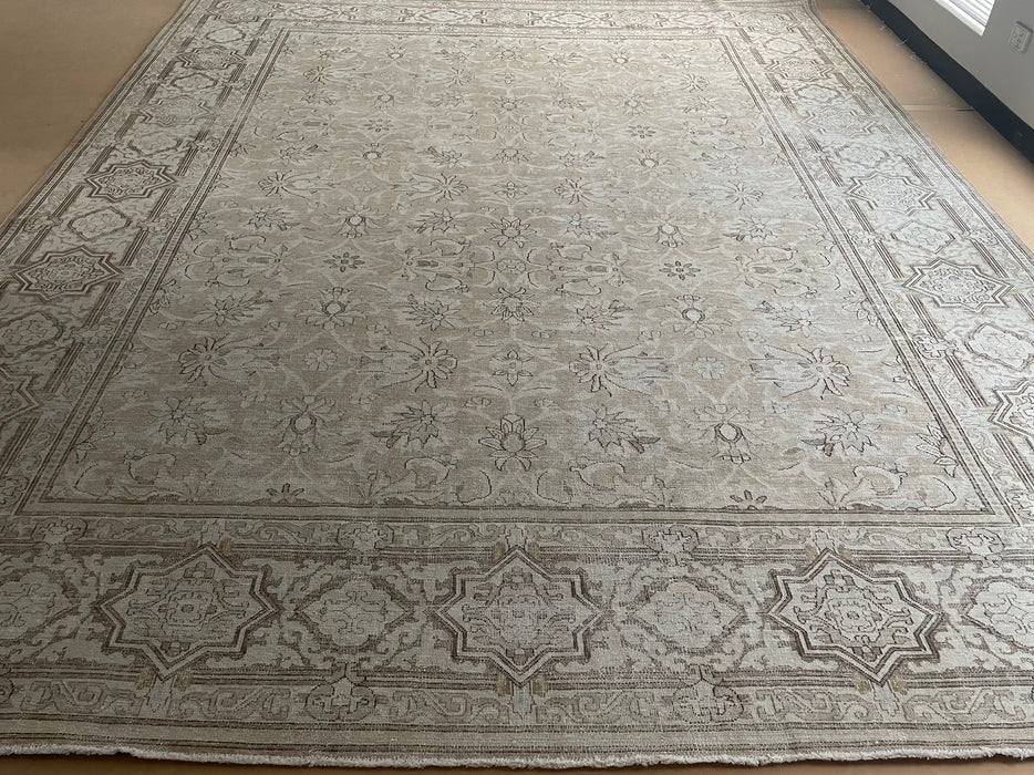 Vintage Persian Tabriz Wool Rug - Beige and Chocolate with Hints of Pastel Aqua, Pink and Green - 296 x 384cm
