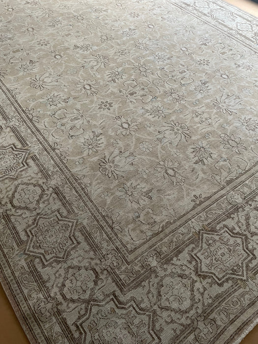 Vintage Persian Tabriz Wool Rug - Beige and Chocolate with Hints of Pastel Aqua, Pink and Green - 296 x 384cm
