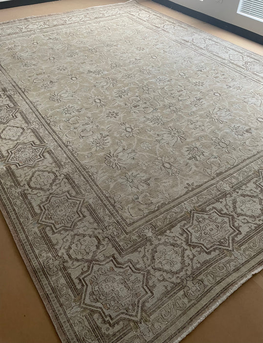 Vintage Persian Tabriz Wool Rug - Beige and Chocolate with Hints of Pastel Aqua, Pink and Green - 296 x 384cm
