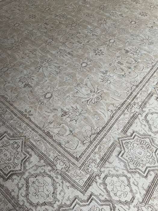 Vintage Persian Tabriz Wool Rug - Beige and Chocolate with Hints of Pastel Aqua, Pink and Green - 296 x 384cm