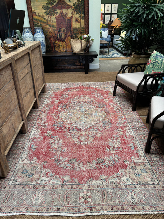 Vintage Turkish Hereke Distressed Rug - Soft Red, Neutrals and Cerulean Blue - 172 x 296cm