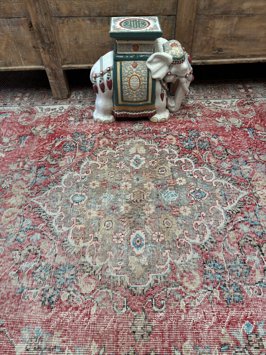 Vintage Turkish Hereke Distressed Rug - Soft Red, Neutrals and Cerulean Blue - 172 x 296cm