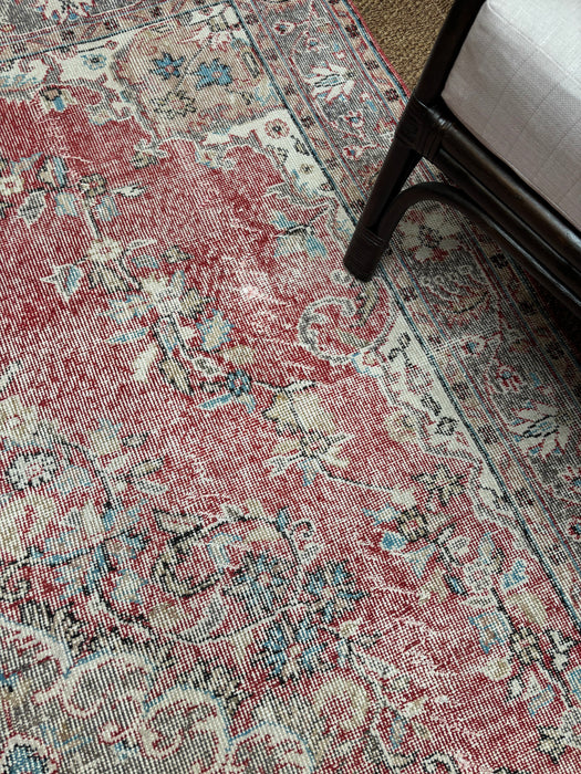 Vintage Turkish Hereke Distressed Rug - Soft Red, Neutrals and Cerulean Blue - 172 x 296cm