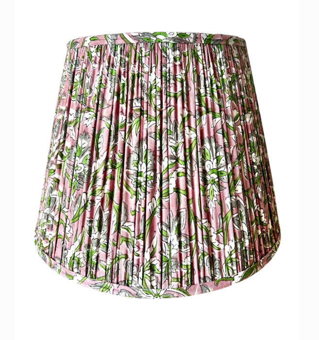 Medium Pink, Grey and Green Block Printed Cotton Pleated Lampshade