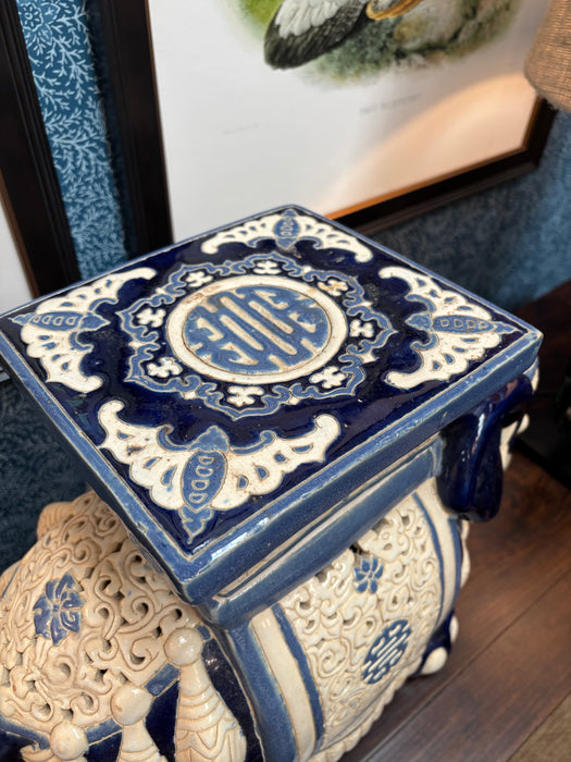 Vintage Blue and Ivory Ceramic Elephant Side Table