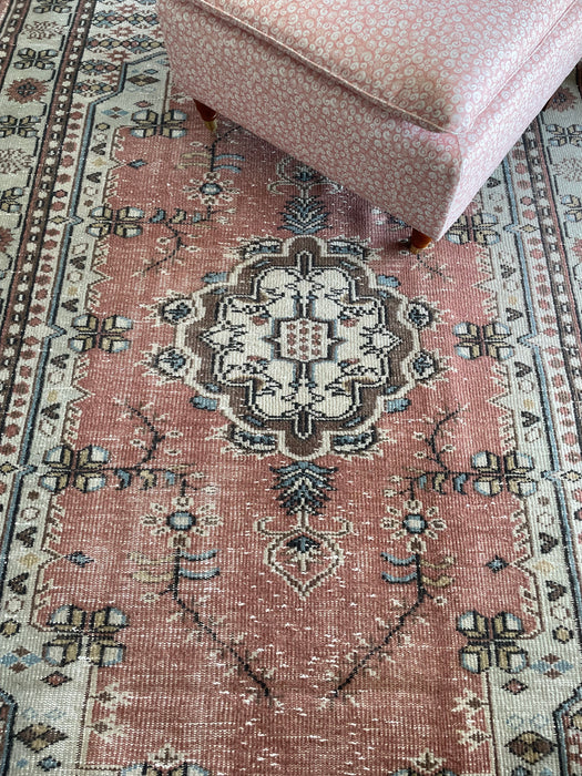 Vintage Turkish Wool Rug - Warm Pink and Celadon Green with Blue and Brown Motif - 170 x 253cm