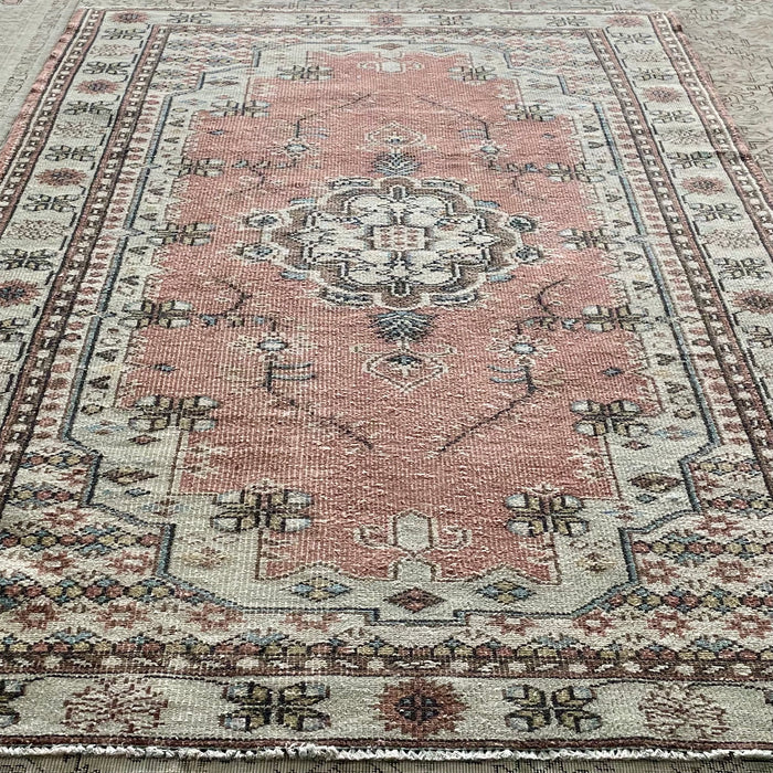 Vintage Turkish Wool Rug - Warm Pink and Celadon Green with Blue and Brown Motif - 170 x 253cm