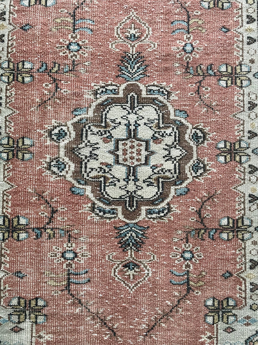 Vintage Turkish Wool Rug - Warm Pink and Celadon Green with Blue and Brown Motif - 170 x 253cm