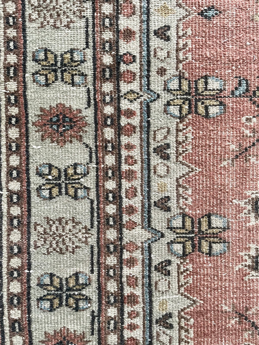 Vintage Turkish Wool Rug - Warm Pink and Celadon Green with Blue and Brown Motif - 170 x 253cm