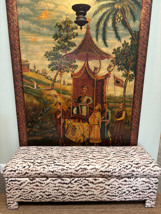 Custom Pillow Top Bed Bench with Upholstered Legs  in Isla Design - Tiger - Teak/Almond