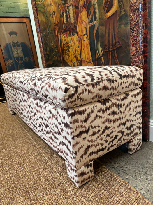 Custom Pillow Top Bed Bench with Upholstered Legs  in Isla Design - Tiger - Teak/Almond