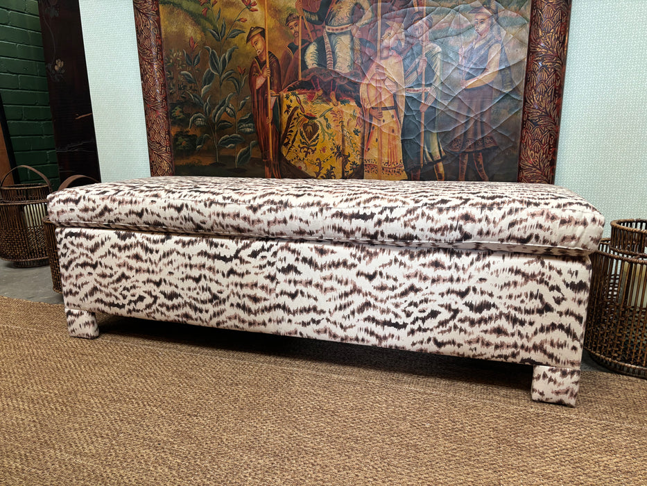 Custom Pillow Top Bed Bench with Upholstered Legs  in Isla Design - Tiger - Teak/Almond