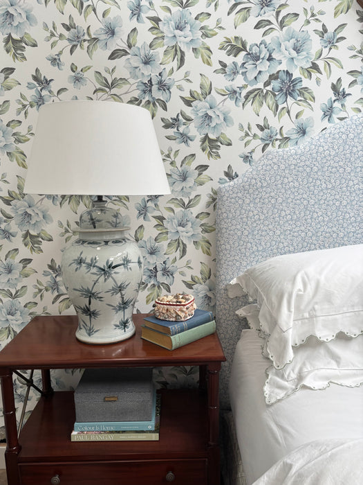 Large Teal and White Hand-Painted Bamboo Lamps (Pair Available)