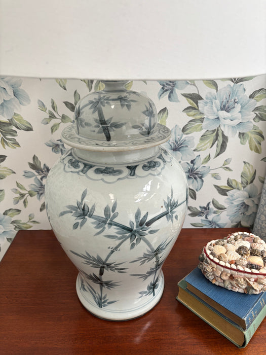 Large Teal and White Hand-Painted Bamboo Lamps (Pair Available)