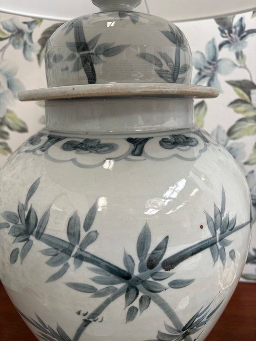 Large Teal and White Hand-Painted Bamboo Lamps (Pair Available)