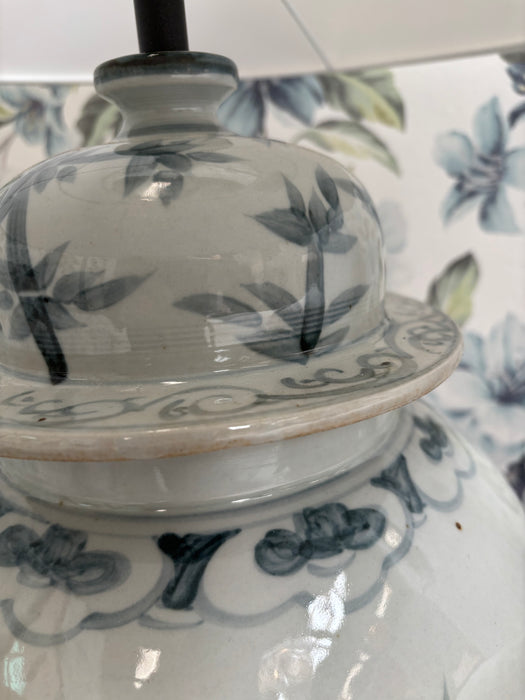 Large Teal and White Hand-Painted Bamboo Lamps (Pair Available)