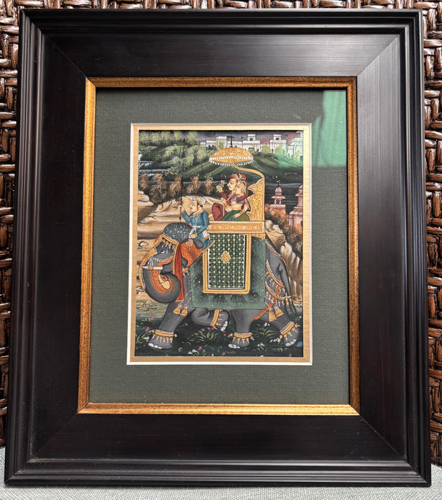 Vintage Mughal Painting of Maharaja and Maharani on an Elephant - New Italian Frame