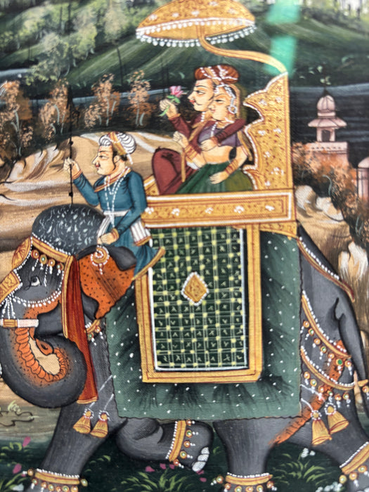 Vintage Mughal Painting of Maharaja and Maharani on an Elephant - New Italian Frame