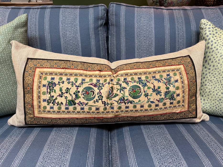 Vintage Silk Butterfly Embroidery Natural Linen Cushion 38 x 83cm