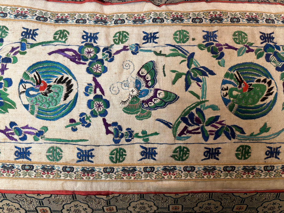 Vintage Silk Butterfly Embroidery Natural Linen Cushion 38 x 83cm