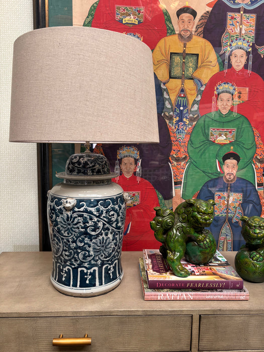Large Vintage Chinoiserie Peacock Blue and White Lamp with Lion Heads