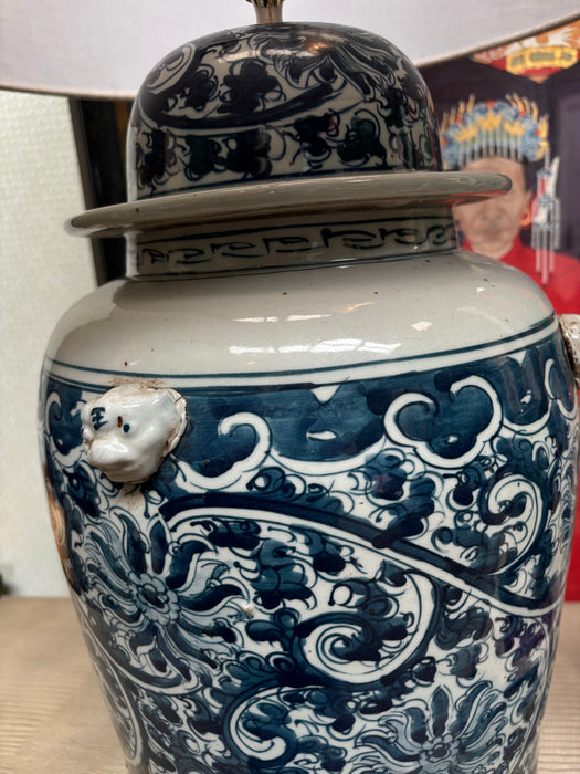 Large Vintage Chinoiserie Peacock Blue and White Lamp with Lion Heads