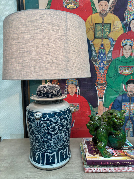 Large Vintage Chinoiserie Peacock Blue and White Lamp with Lion Heads