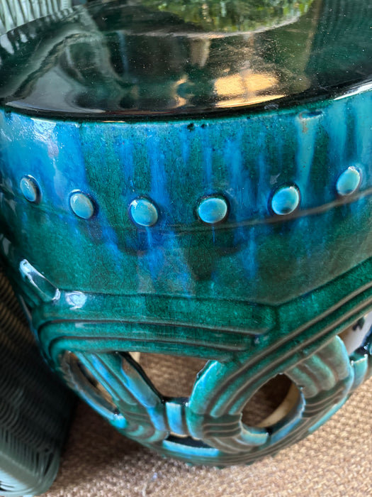 Dark Green and Turquoise Glazed Infinity Porcelain Drum Stool/Side Table (Pair Available)