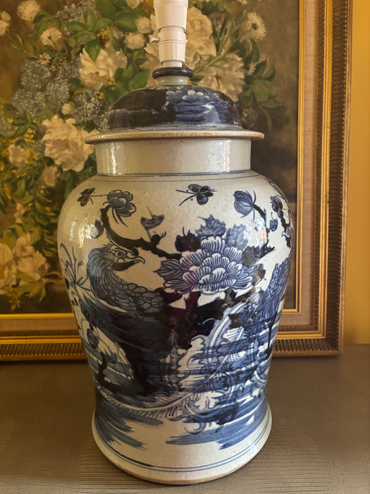 Large Vintage Blue and White Chinoiserie Lamp with Pheonix Motif (Pair Available)