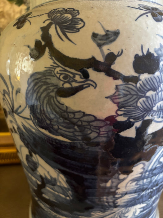 Large Vintage Blue and White Chinoiserie Lamp with Pheonix Motif (Pair Available)
