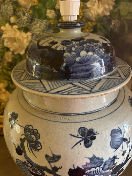 Large Vintage Blue and White Chinoiserie Lamp with Pheonix Motif (Pair Available)