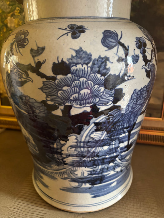 Large Vintage Blue and White Chinoiserie Lamp with Pheonix Motif (Pair Available)