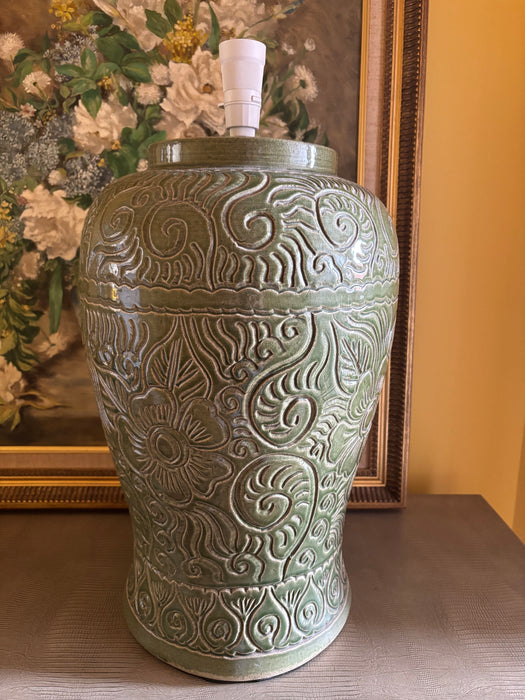 Large Green Embossed Ceramic Lamp