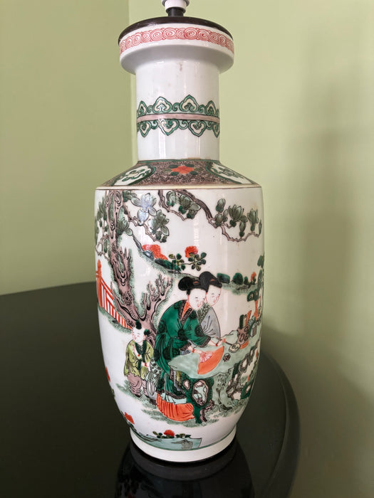 Vintage Chinese Porcelain Lamp with Green and Orange Figurative Motif